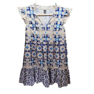 SHEIN Women Cream Blue Floral Damask Dress Size Small
